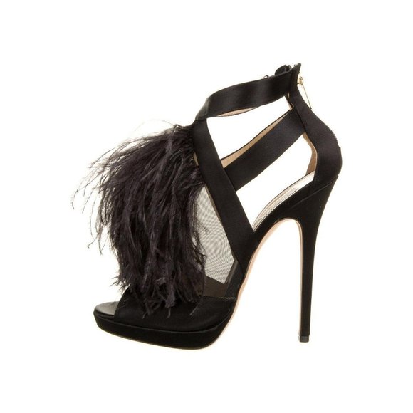 TAYLOR SWIFT Jimmy Choo Heels "TEAZER" Black Satin and Feather Sandals Size 39.5 - Picture 2 of 6